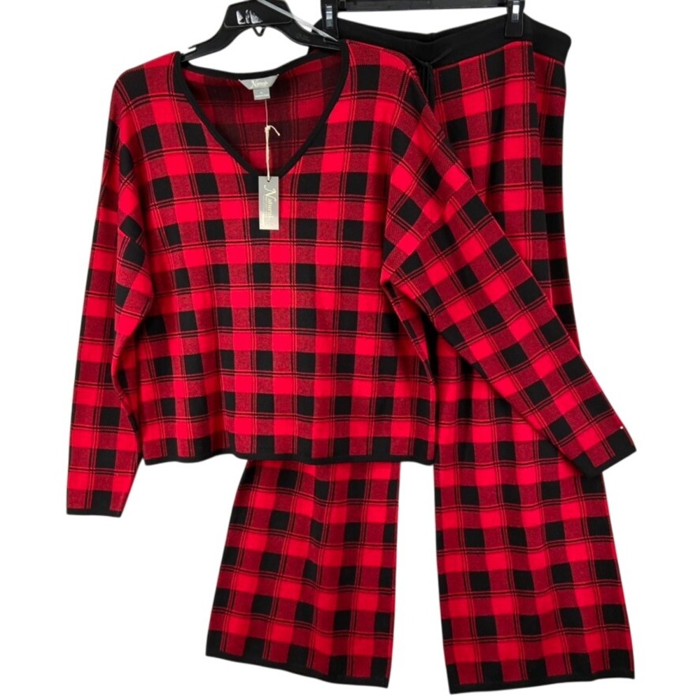 NWT Natural Reflections Pajama Set Womens XL Lounge Red Black Buffalo Knit Pants
